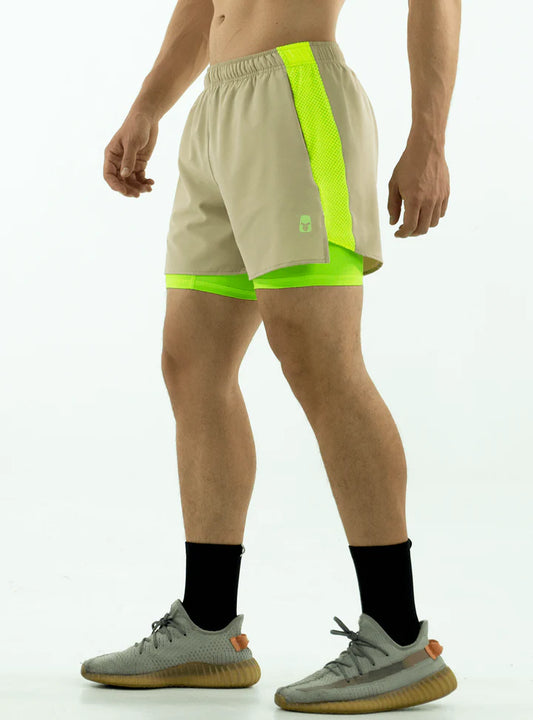 SHORT CON LICRA RUNNIN  BEIGE-VERDE NEON