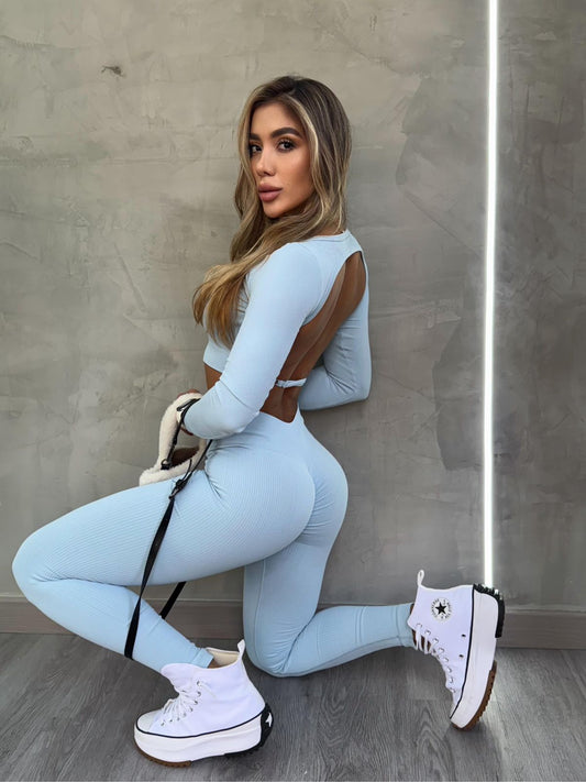 legging bendita / azul bebe acanalado